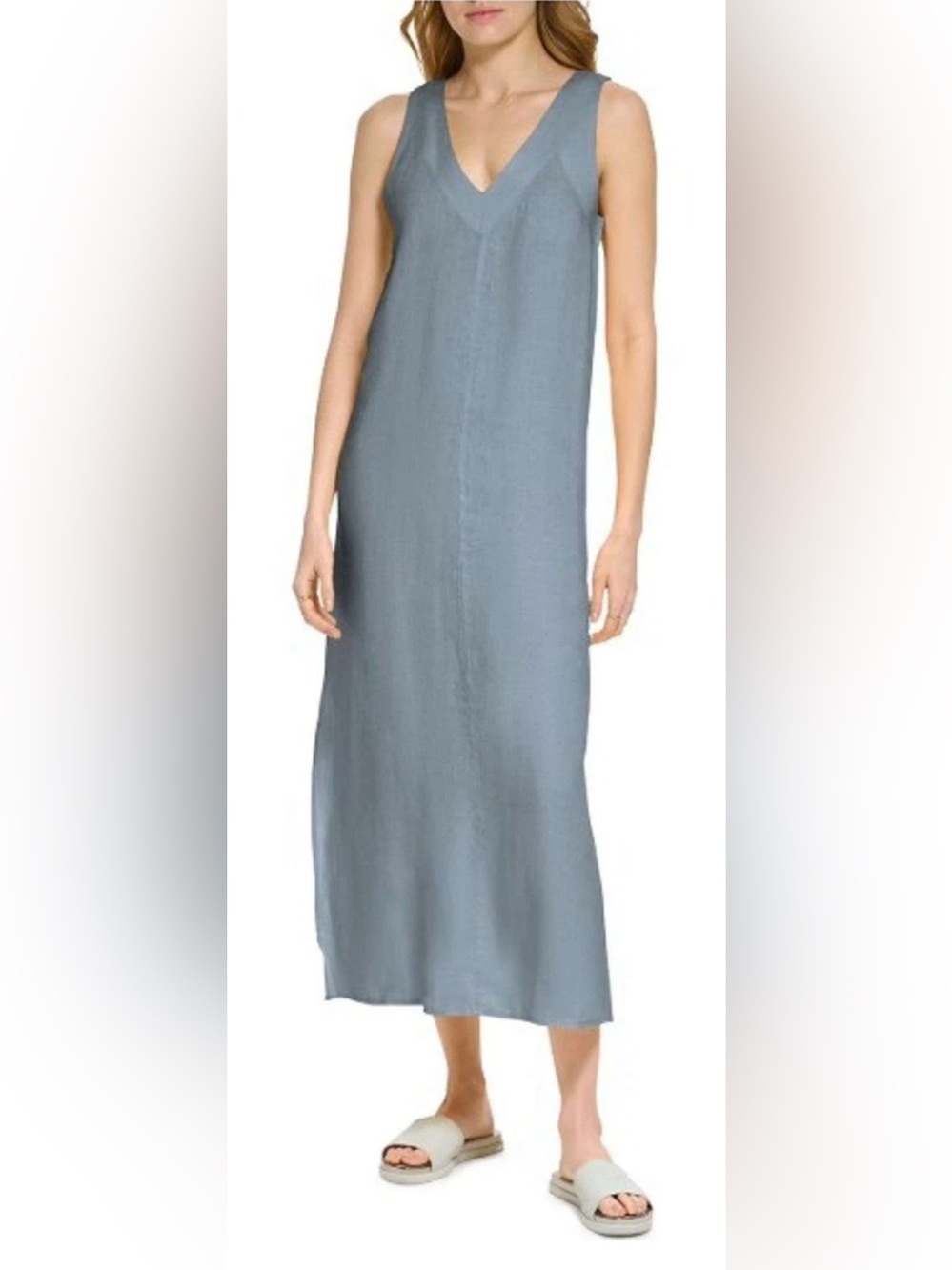 DKNY Denim Linen Blend Dress Sz L NWT Minimalist Everyday Comfort Lightweight